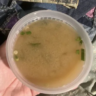Miso soup came with my $22 dinner plate. Delivered hot, comforting as a starter on a cold night. 12JAN25