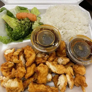 chicken, rice, and broccoli