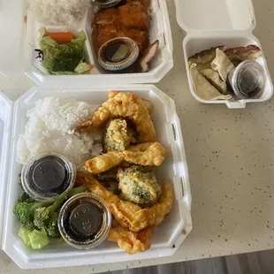 Side Potstickers (4pcs) Shrimp and Veggie Tempura Rice Plate Crispy Chicken Rice Plate Yummy yummy