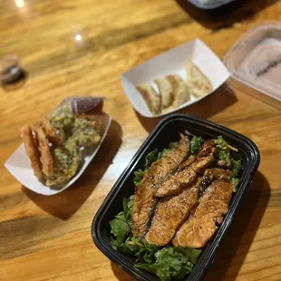 Salmon. Tempura and gyoza