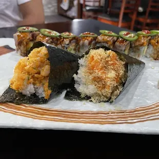 Spicy scallop handroll , Spicy salmon handroll, Autumn of Jersey roll