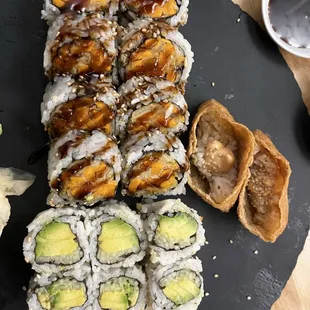 Sweet Potato Roll, Avocado Cucumber Roll, and Tofu Skin