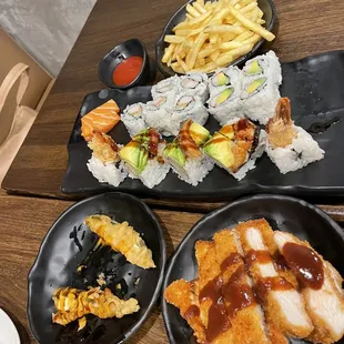 C18B. Chicken Katsu, spicy crab island, French fries, R13. Good Time Roll, California roll.