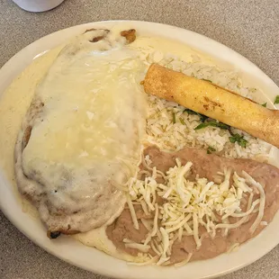 10.18.22 - Dos Combination: Soft Chile Relleno Smothered in Cream Sauce, Chicken Flauta, Cilantro Lime Rice and Beans