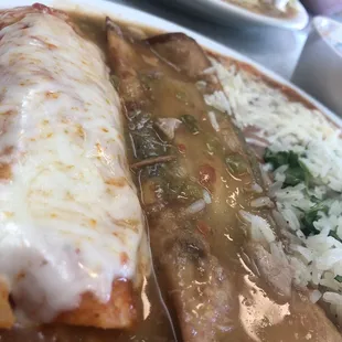 Grande combo platter with potato enchilada, chile relleno, and black bean and corn salad