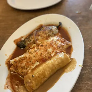 Chile Rellenos,  bean burrito, chicken enchilada