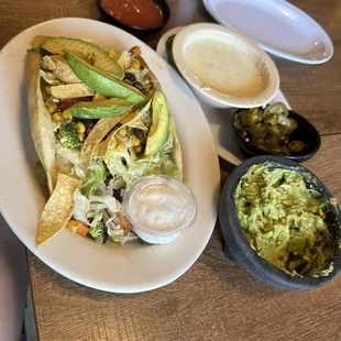 Taco salad, guac and queso