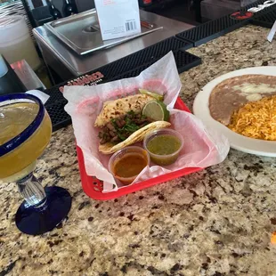 Two Carne Asada Tacos, Rice And Beans With A Texas Margarita !