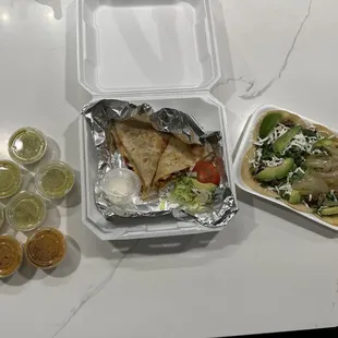 Pastor quesadilla, beef mini tacos