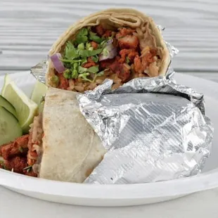 California burrito : rice,refried beans,any meat of choice , with onion and cilantro
