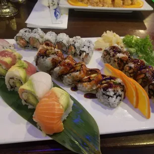 Spicy tuna roll- best one on this plate. Salmon skin roll- Easter roll- Rainbow roll-