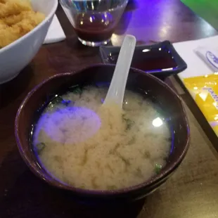 Miso soup- it wasn't bad but I definitely will not order it again.  A little tasteless
