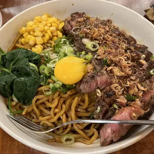 Steak Mazemen - soupless steak noodle with a large piece of steak