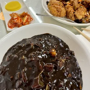 Black bean noodles, fried chicken, side dishes