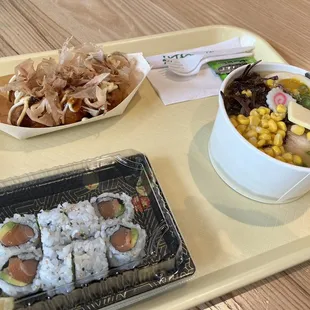 Salmon and avocado roll, takoyaki and miso ramen
