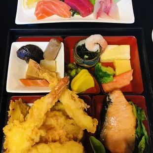 $27 plus tax Dinner bento w sashimi, salmon, tempura