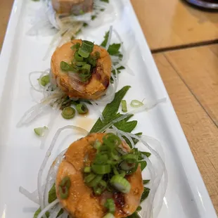 a long rectangular white plate with a variety of food items on it