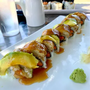 Vegan Green Dragon Roll (tempura sweet potato, eggplant, avocado). Delicious!
