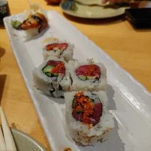 Spicy tuna and unagi sashimi