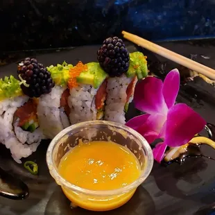 Spicy&apos;n&apos;More - blackberries and mango salsa add very complimentary flavors to an already tasty roll.   O and the orchid blossoms smashed it