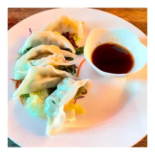 a plate of dumplings and a bowl of sauce