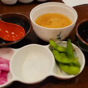 You&apos;ll always get this W/your Dinner Combo @Kikuya. Miso Soup, lil Soybeans &amp; pickled Cabbage. Tempura Dipping Sauce, 4 my Shrimp Tempura.