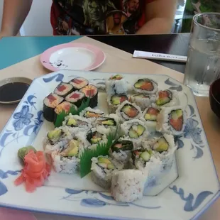 Top (left to right): Tuna with spicy mayo, Alaskan Roll Bottom: Spicy scallop, California Roll