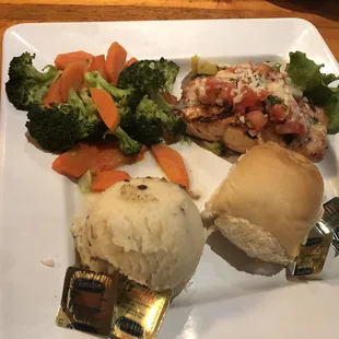 Salmon, garlic mash and veggies, my wife enjoyed.