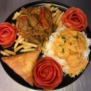 Ground turkey Samosa, wakanda beef, zanzibar style coconut shrimp and french fries.