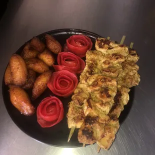 Wizard chicken on a stick, and sweet plantains