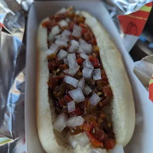 Pirates&apos; Cove dog with hot pepper spread