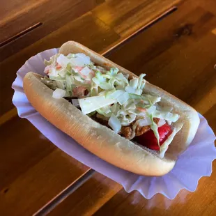 Kitty Hawkish: coleslaw, onions, brown mustard, chili on a NC red dog, or hot dog of your choice