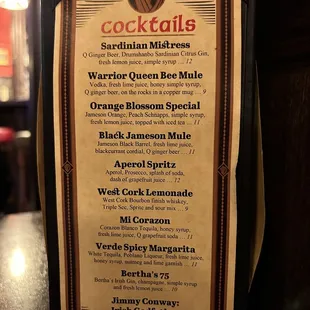 Cocktail menu