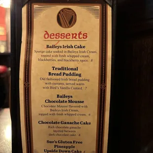Dessert menu
