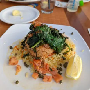 Salmon cake over rice