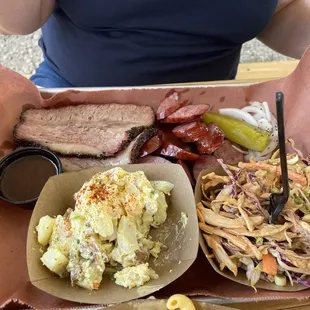 Brisket, sausage, tater salad, slaw