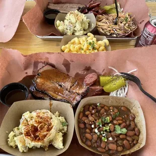 Brisket, sausage, beans, Mac and cheese