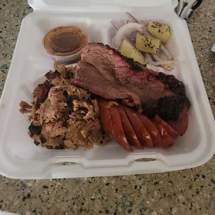 3 Meat Plate. Brisket, Pulled Pork, Sausage.