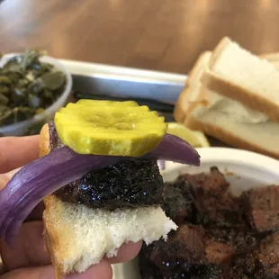 Creativity: sweet pickles pickled onion, burnt end, white bread