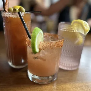 Bloody Mary, Margarita, and water in a pretty cup.