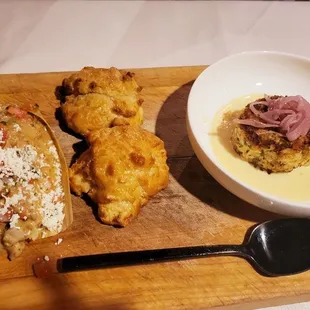 Brisket tamale, honey biscuits, crab cake. Yum.