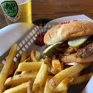 Peanut Butter Pickle Bacon $15 HH beer/burger/fries deal