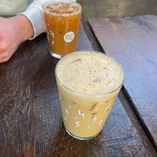 iced caramel latte (front)  and vanilla cold brew