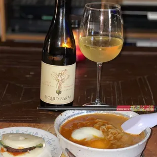 Spicy Pork Bun and WITH soup Downtown Style paired with a cold crisp Chardonnay