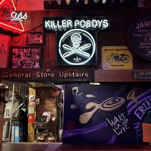 a bar with neon signs