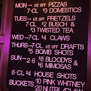 Nightly drink specials