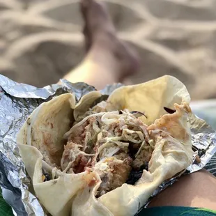 Fish Burrito on the beach.