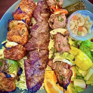 3 kebab plate, chicken, lamb, Turkish beef, pilaf, stuffed grape leaf, pita, garlic sauce, and macaroni salad. 3 out of 5. $22