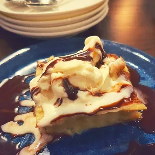 a piece of dessert on a blue plate