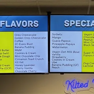 menus for dairy flavors